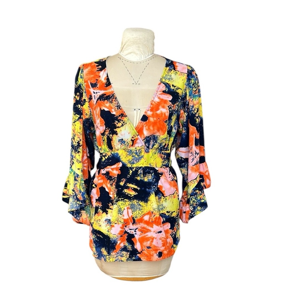 Betsey Johnson Abstract Tie Back Ruffle Sleeve Blouse Navy Multi 3/4 Sleeve XL